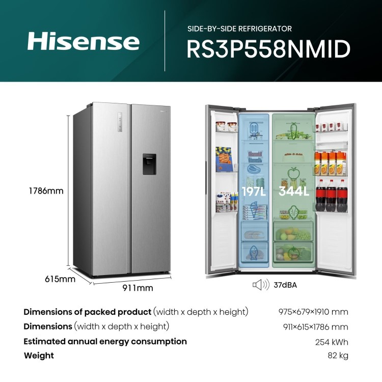 Refurbished Hisense PureFlat 541 Litre Side-by-Side American Fridge Freezer - Silver