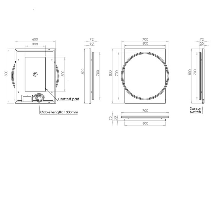 Black Round Heated Bathroom Mirror with Lights 600 x 800mm- hib. Solas 60