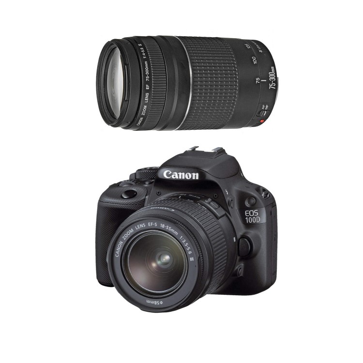 Canon EOS 100D Black SLR Camera EF-S 18-55mm STM 75-300mm Lens 18MP 3.0Touch LCD