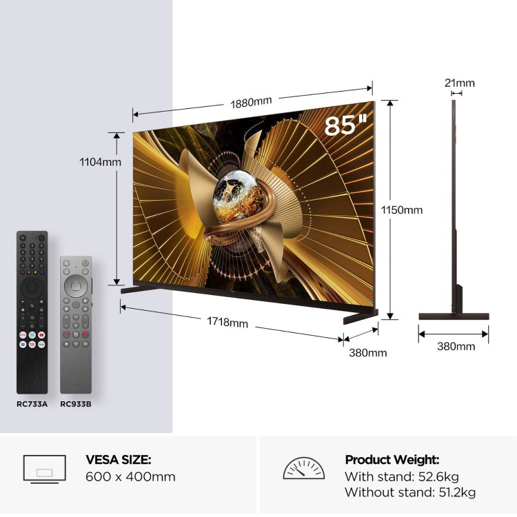 TCL 85X11L-UK 85-Inch 4K SQD Mini LED Google TV  Ultra HD HDR Smart TV with Dolby Vision IQ 144Hz Gaming & AI Picture Engine