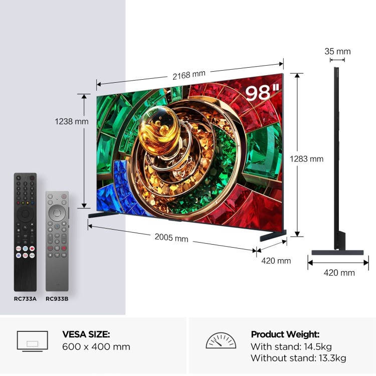TCL 98RM9L-UK 98-Inch 4K RGB Mini LED Google TV  Ultra HD HDR Smart TV with Dolby Vision IQ 144Hz Gaming & AI Picture Engine