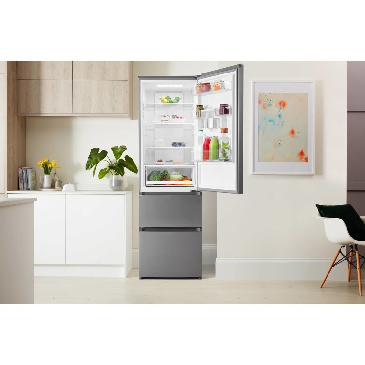 Haier AFE635CHJW 190x60cm 325L Triple Door Total No Frost Freestanding Fridge Freezer With Non-Plumb Water Dispenser - Silver