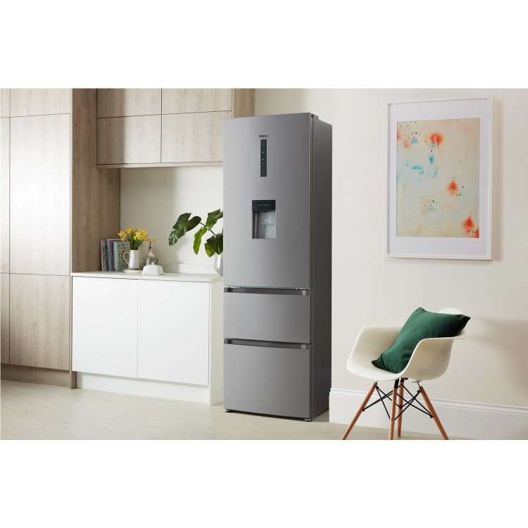 Haier AFE635CHJW 190x60cm 325L Triple Door Total No Frost Freestanding Fridge Freezer With Non-Plumb Water Dispenser - Silver