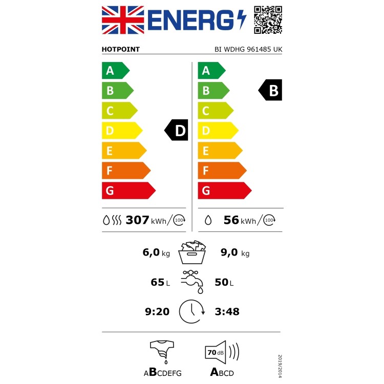 Refurbished Hotpoint Anti-Stain BIWDHG961485UK Integrated 9/6KG 1400 Spin Washer Dryer White