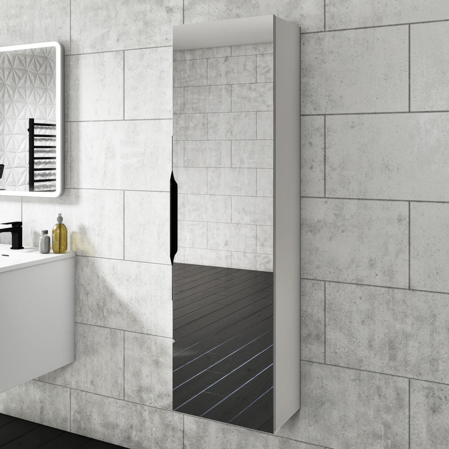 White Mirrored Wall Mounted Tall Bathroom Cabinet 400mm - Sion