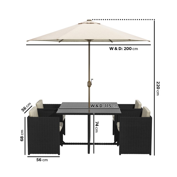 Black Rattan Cube Garden Dining Set - 4 Seater - Parasol Included - Fortrose