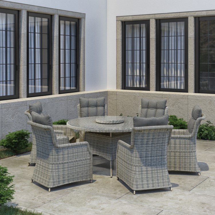 6 Seater Grey Round Rattan Garden Dining Set with Table and Chairs - Aspen