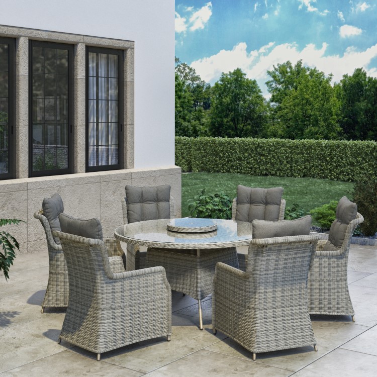 6 Seater Grey Round Rattan Garden Dining Set with Table and Chairs - Aspen