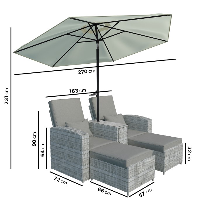Grey Rattan Reclining Sun Loungers with Parasol  - Fortrose