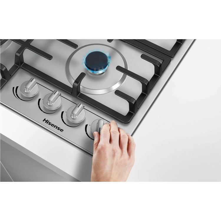 Refurbished Hisense GM663XUK 60cm Rotary Control Gas Hob With Cast Iron Pan Stands - Stainless Steel