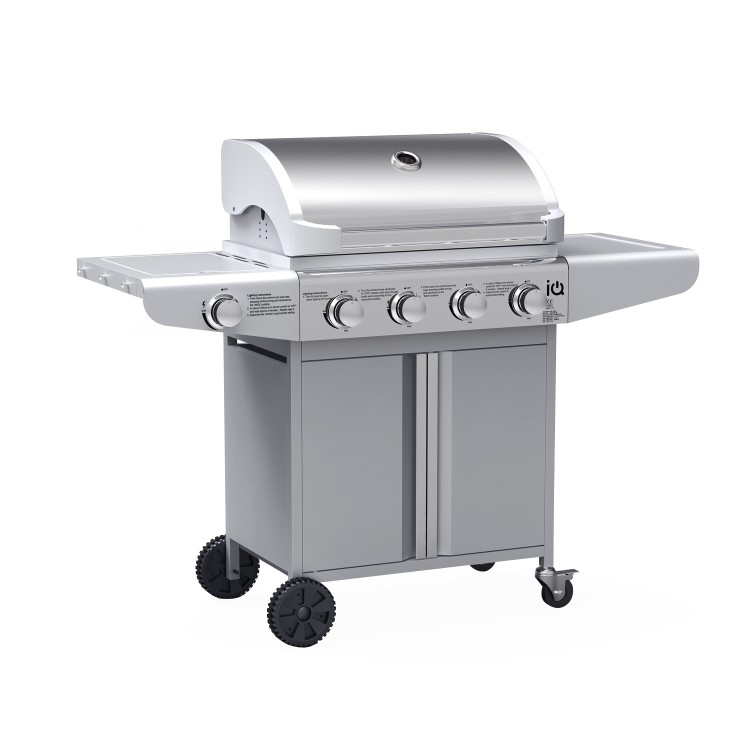 GRADE A2 - The Kentucky Premium 4 Burner Gas BBQ in Silver - Includes BBQ Cover and Utensil Set