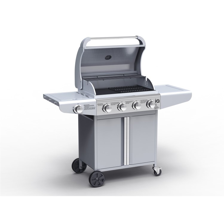 GRADE A2 - The Kentucky Premium 4 Burner Gas BBQ in Silver - Includes BBQ Cover and Utensil Set