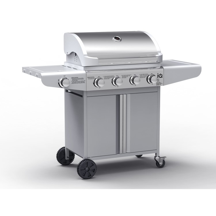 GRADE A2 - The Kentucky Premium 4 Burner Gas BBQ in Silver - Includes BBQ Cover and Utensil Set
