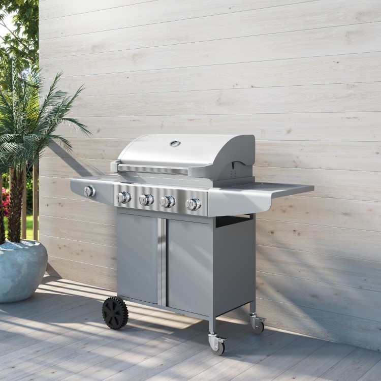 GRADE A2 - The Kentucky Premium 4 Burner Gas BBQ in Silver - Includes BBQ Cover and Utensil Set