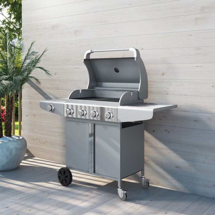 GRADE A2 - The Kentucky Premium 4 Burner Gas BBQ in Silver - Includes BBQ Cover and Utensil Set