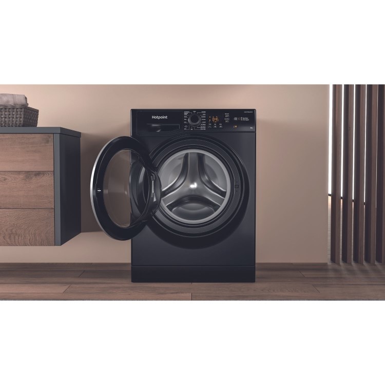 Refurbished Hotpoint AntiStain NSWM846BSUK Freestanding 8KG 1400 Spin Washing Machine Black