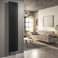 Refurbished Midnight Black Electric Vertical Designer Radiator 2kW with Wifi Thermostat - H1800xW354mm - IPX4 Bathroom Safe