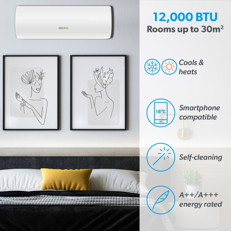 electriQ IQool Plus 12000 BTU Smart A+++ Wall Split Air Conditioner with Wall Bracket and Full Installation Included
