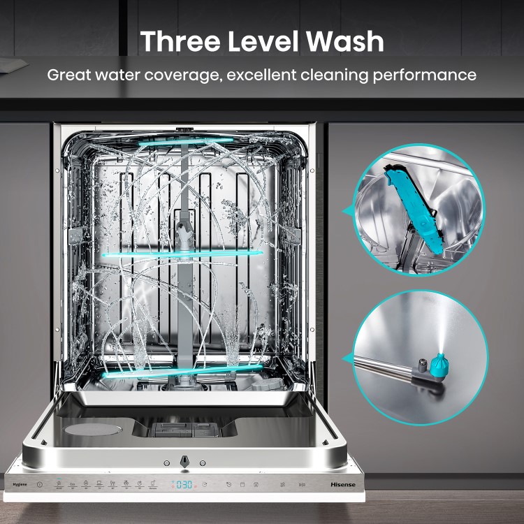 Hisense Hygiene Integrated Dishwasher - Smart Wi-Fi, C-Rated, Silver control panel
