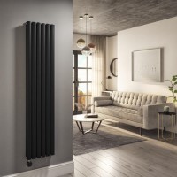 Refurbished Midnight Black Electric Vertical Designer Radiator 1.2kW with Wifi Thermostat - Double Panel H1600xW354mm
