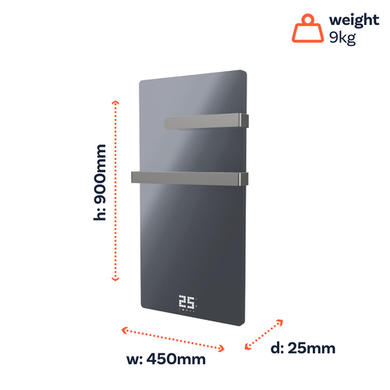 Refurbished 380W Smart Infrared Vertical Anthracite Glass Designer Wall Heater 450x900mm with Optional Towel Rail - IP24 Bathroom Safe