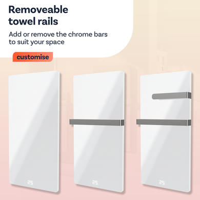 Refurbished 600W Smart Infrared Vertical White Glass Designer Wall Heater 550x1100mm with Optional Towel Rail - IP24 Bathroom Safe
