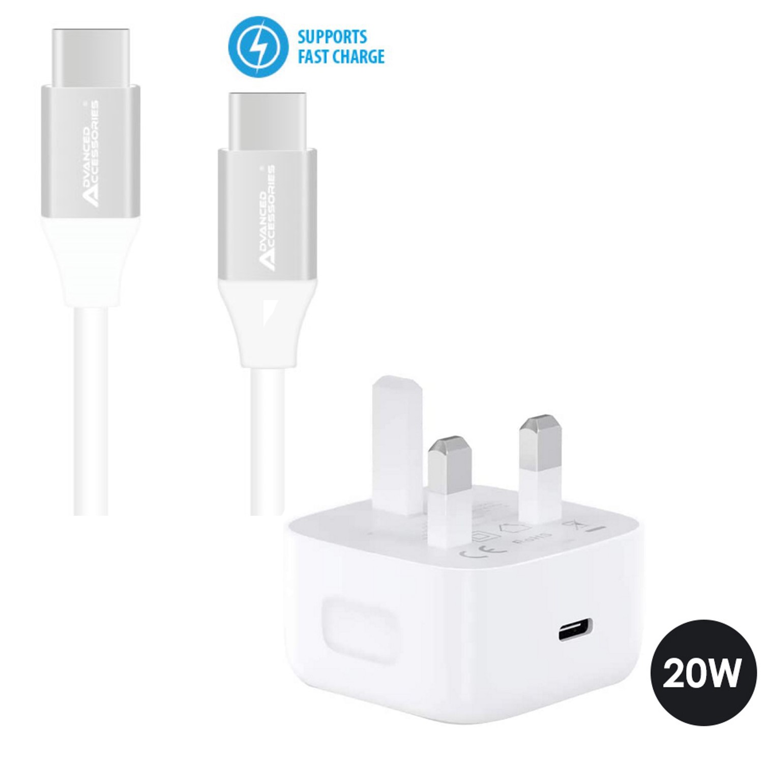 Advanced Accessories 20W Fast Charge Mains Bundle - USB-C to USB-C