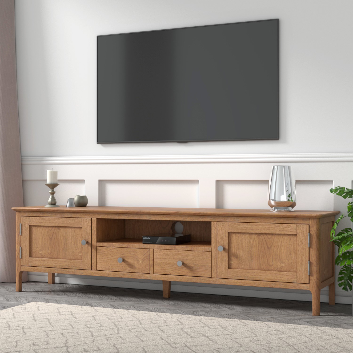 Wide Solid Oak Tv Stand With Storage - Tv'S Up To 77