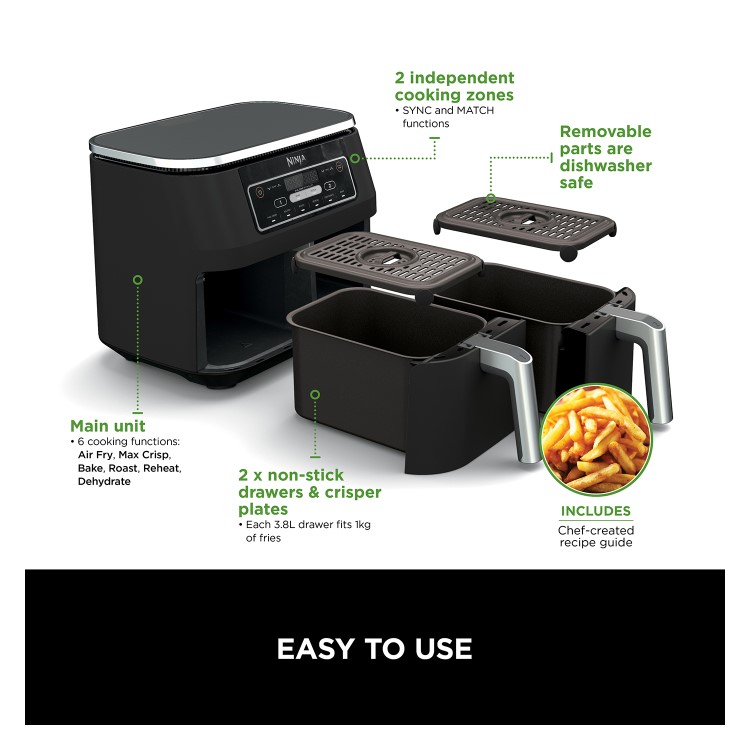 Ninja AF300UK Foodi Dual Zone 6-in-1 7.6L Air Fryer  Twin Baskets  Healthy Crispy Cooking