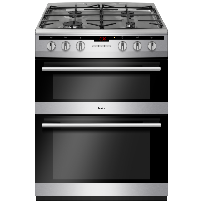 Refurbished Amica AFG6450SS 60cm Double Oven Gas Cooker With Programmable Timer & Catalytic Liners Stainless Steel
