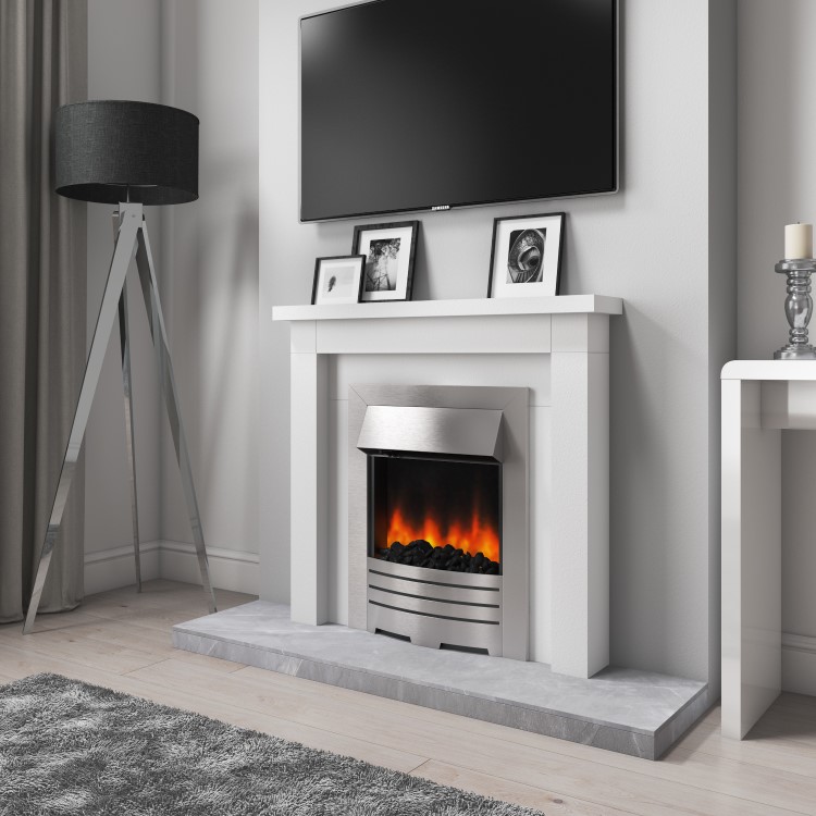 AmberGlo Electric Fireplace Insert in Brushed Steel with Coal/Pebble Fuel Bed