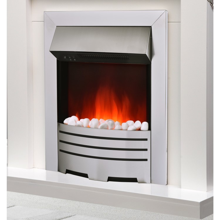 AmberGlo Electric Fireplace Insert in Brushed Steel with Coal/Pebble Fuel Bed