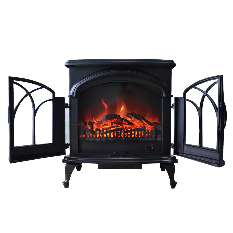 AmberGlo Large Electric Stove Fire in Black with Double Doors & Log