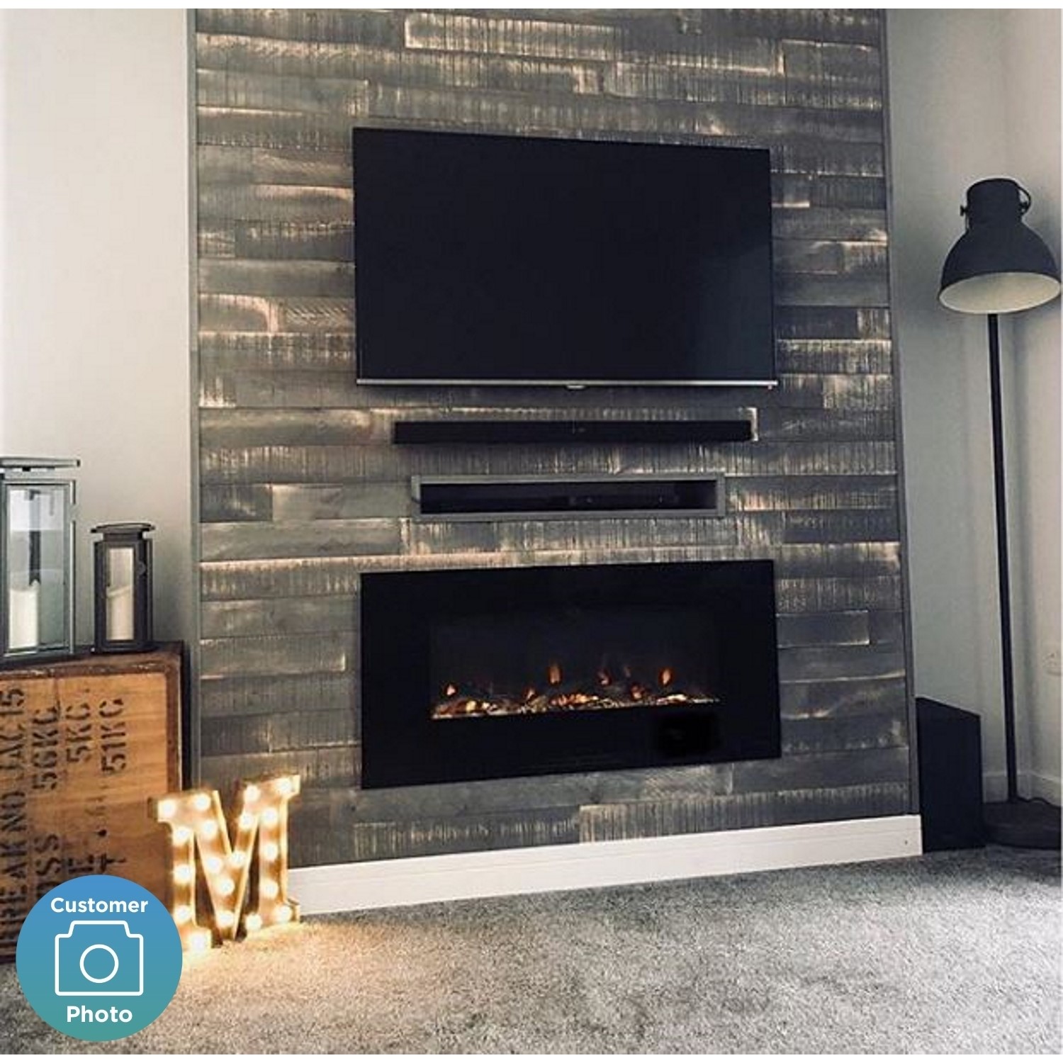 Amberglo Black Wall Mounted Electric Fire With Logs Crystal Fuel