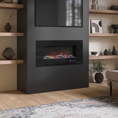 Amberglo Black Wall Mounted Electric Fire With Logs Crystal Fuel