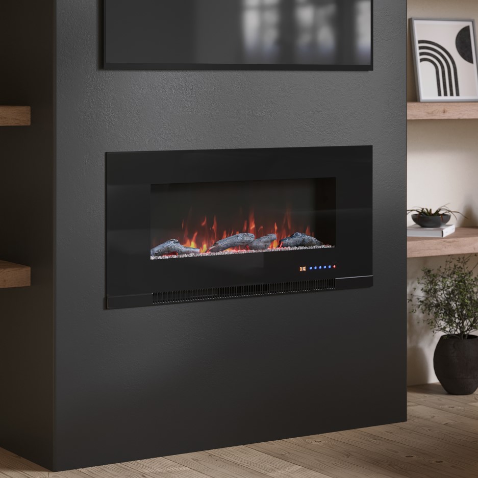 AmberGlo Black Wall Mounted Electric Fire with Logs & Crystal Fuel Beds