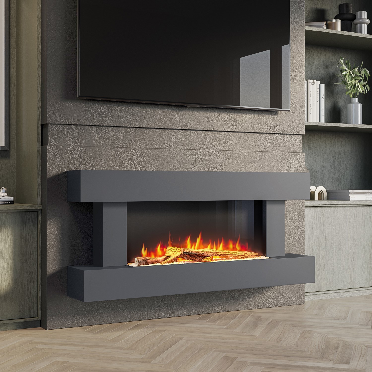 Grey 2kW Electric Fireplace Suite with Wooden Surround Remote Control
