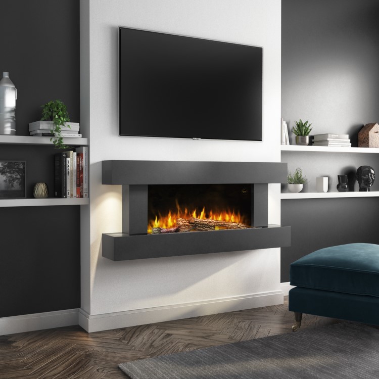 GRADE A2 - Grey Wall Mounted Electric Fireplace Suite with LED Lights - Amberglo