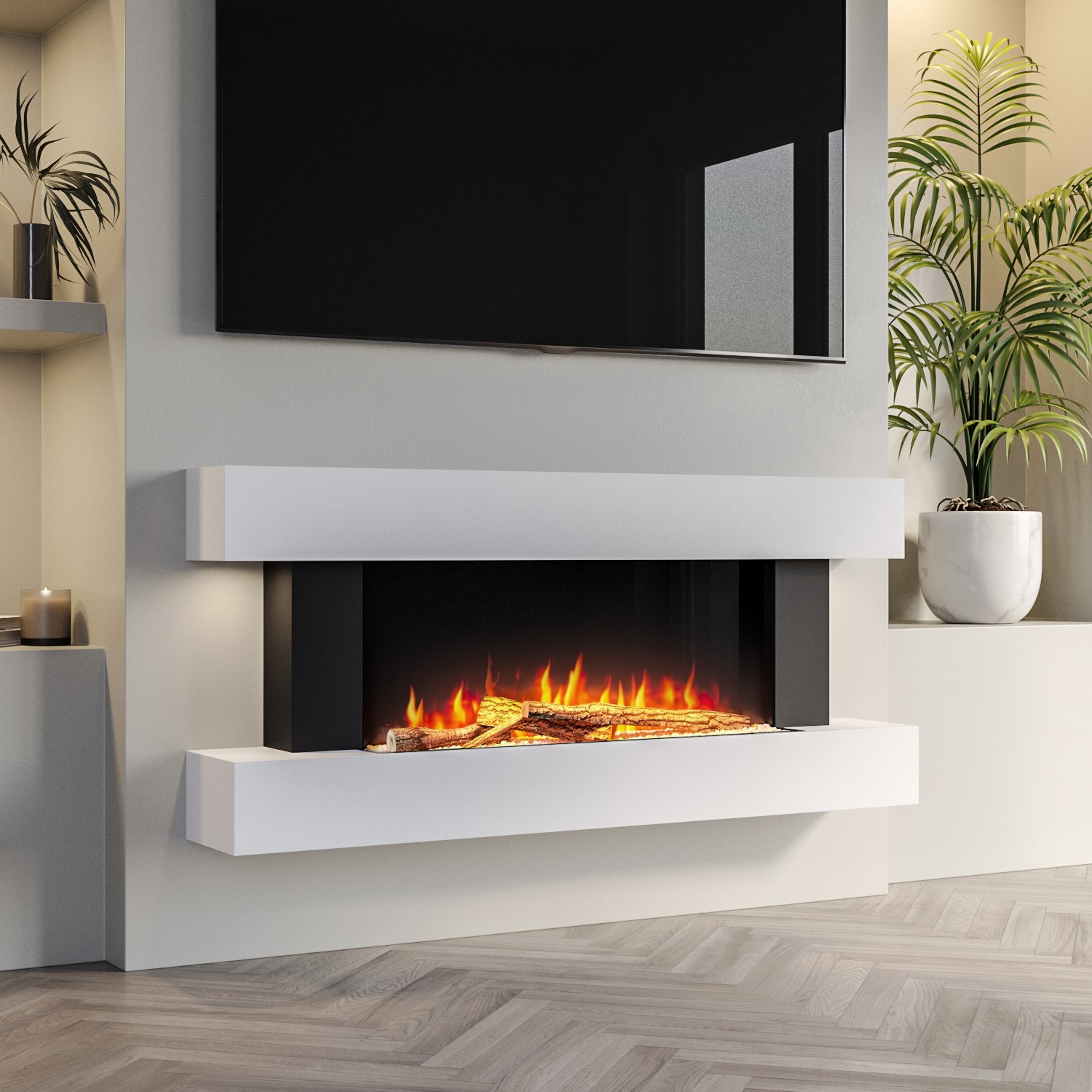 White 2kw Electric Fireplace Suite With Wooden Surround Remote