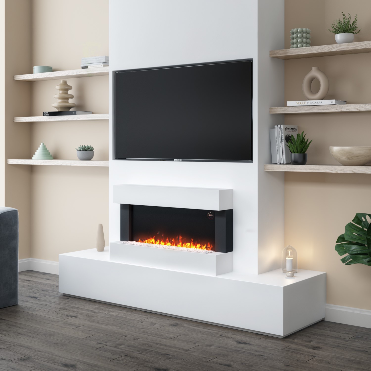 Details About Wall Mounted Electric Fireplace Suite In White Log Crystal Fuel Bed 2kw