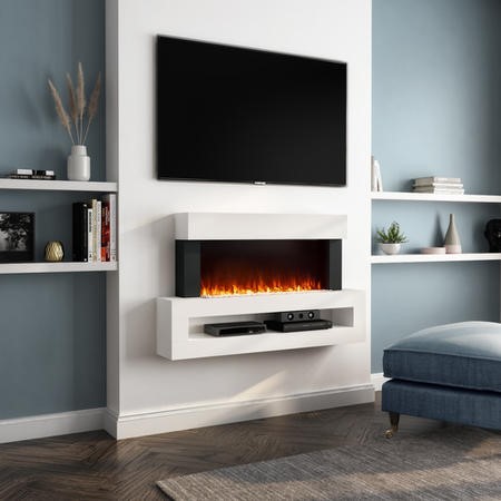 White Wall Mounted Electric Fireplace with LED Lights and Storage Shelf 47  inch - Amberglo AGL019 | Appliances Direct
