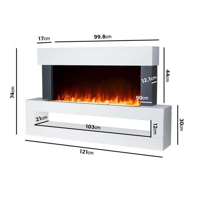 White Wall Mounted Electric Fireplace with LED Lights and Storage Shelf 47  inch - Amberglo AGL019 | Appliances Direct