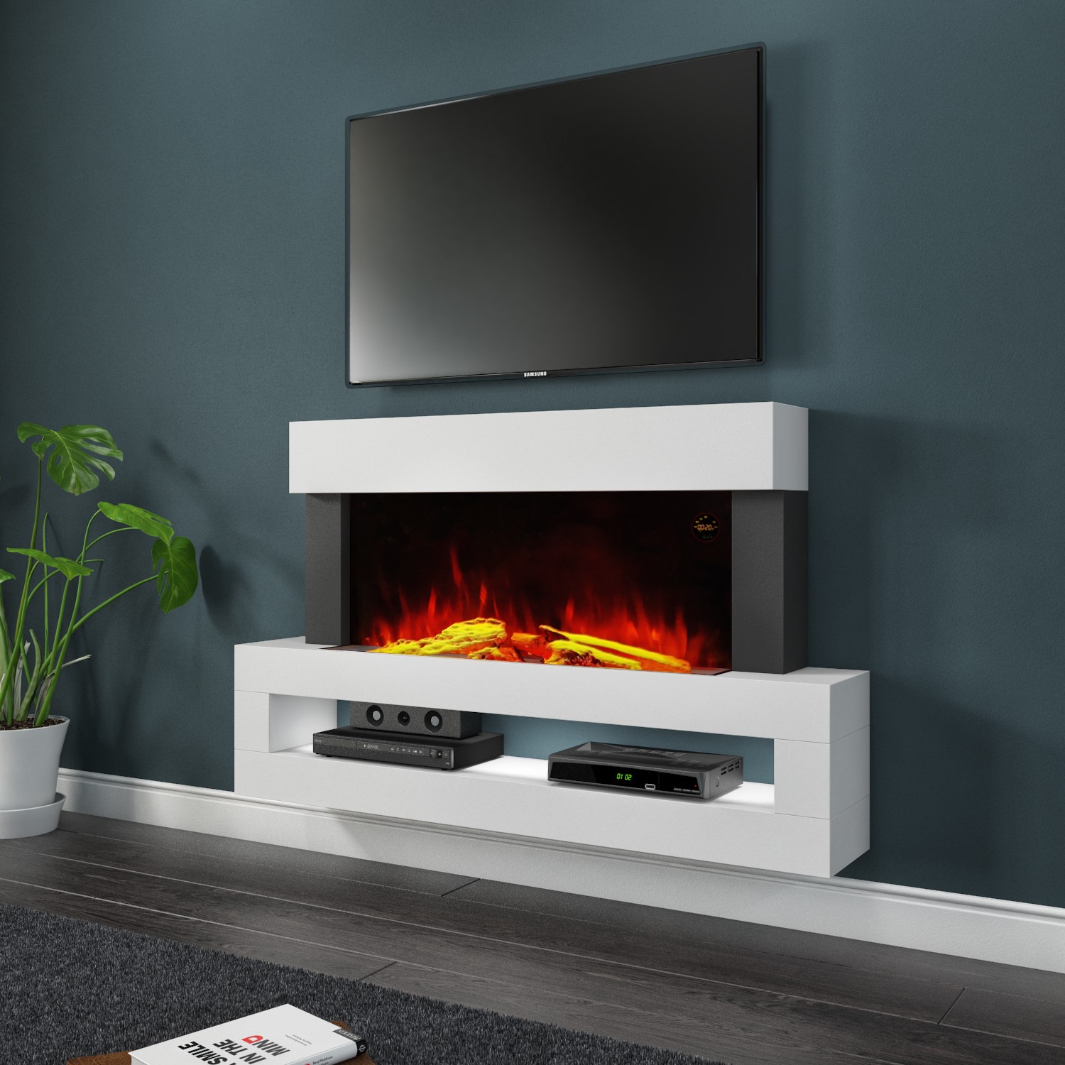 White Wall Mount 2kW Electric Fireplace Suite LED Media ...