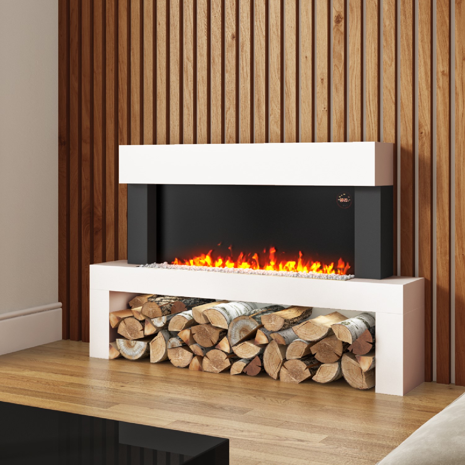 Amberglo White Floor Standing Electric Fireplace Suite Log Crystal Fuel Bed