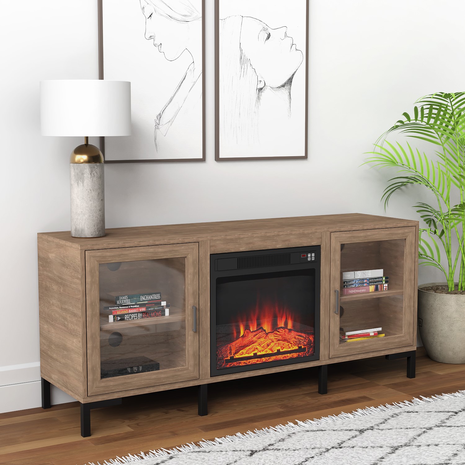 GRADE A1 - Wood Effect Electric Fireplace TV Stand with Storage - Ambe  A1/AGL027 | eBay