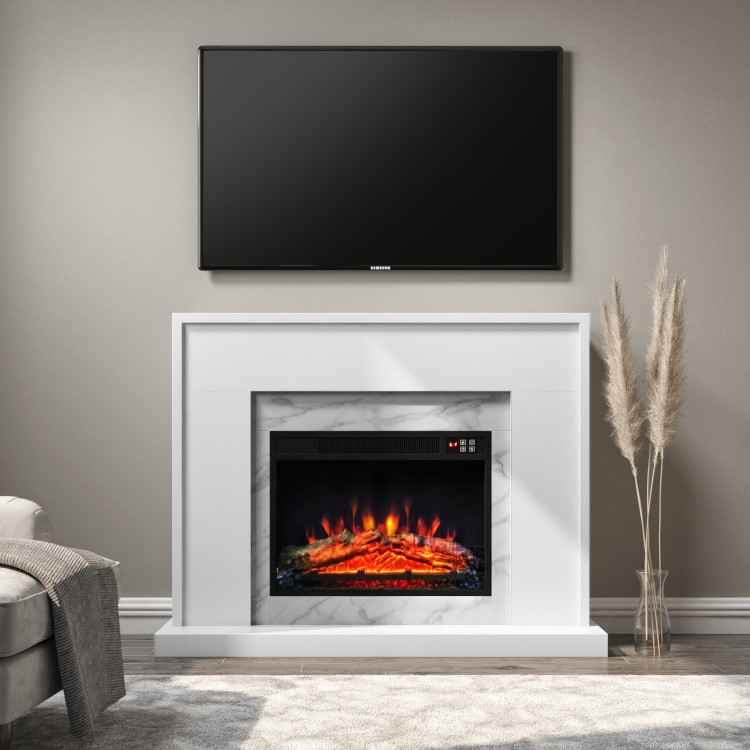 GRADE A2 - White Marble Freestanding Electric Fireplace Suite with Log Effect - Amberglo