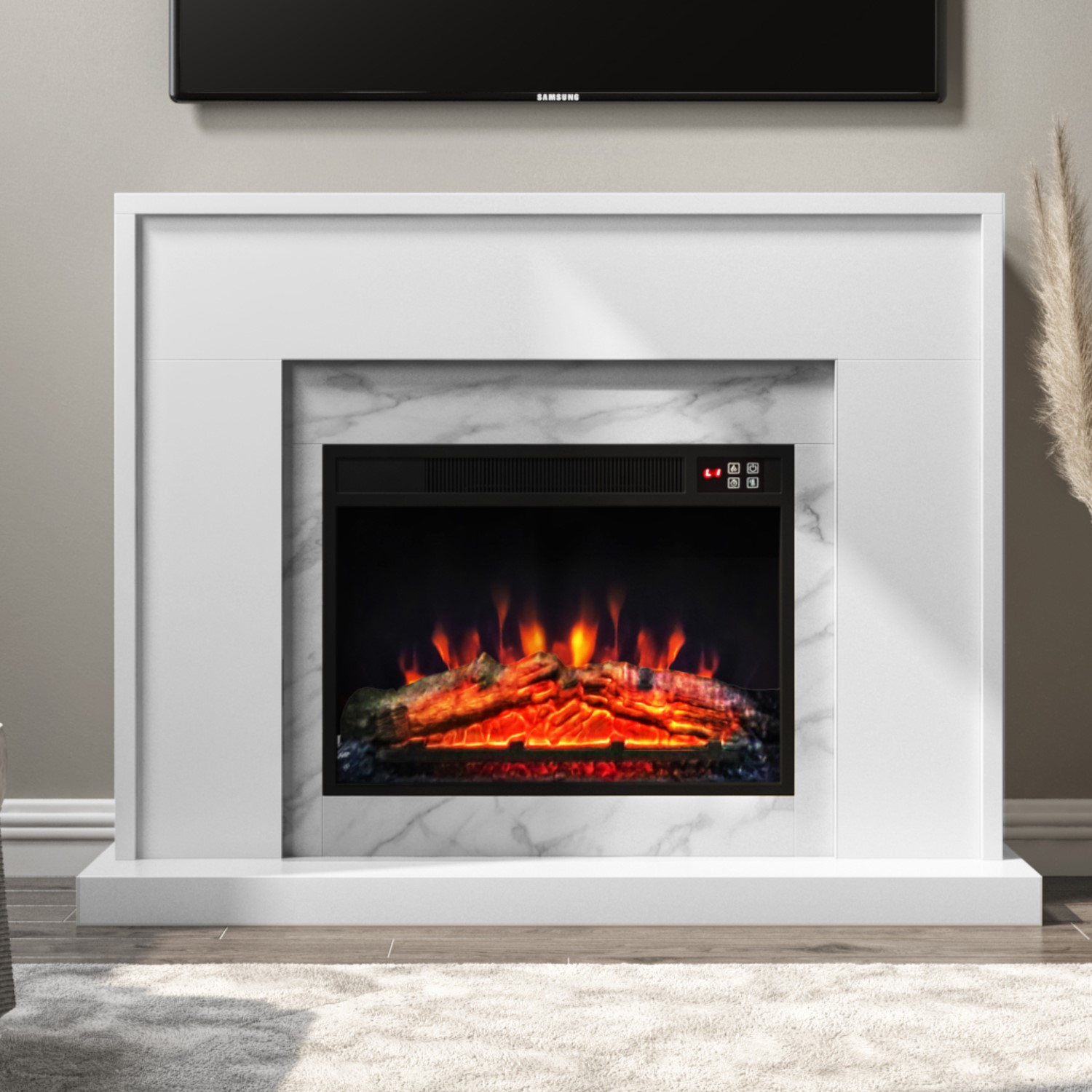 White Marble Freestanding Electric Fireplace Suite with Log Effect ...