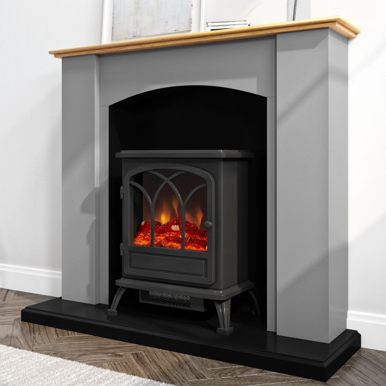 GRADE A3 - Grey and Wood Two Tone Freestanding Electric Fireplace Suite with Black Stove - Amberglo