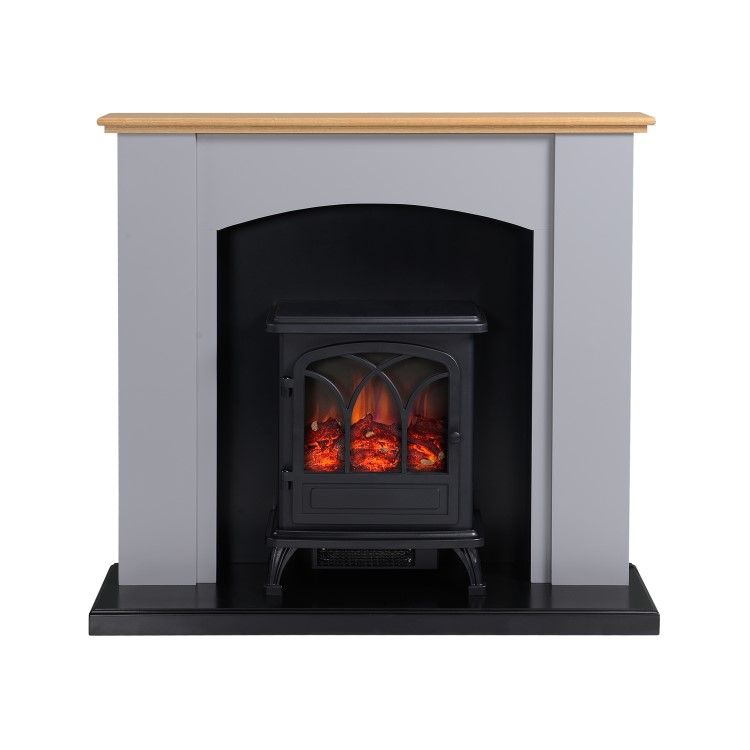 GRADE A3 - Grey and Wood Two Tone Freestanding Electric Fireplace Suite with Black Stove - Amberglo