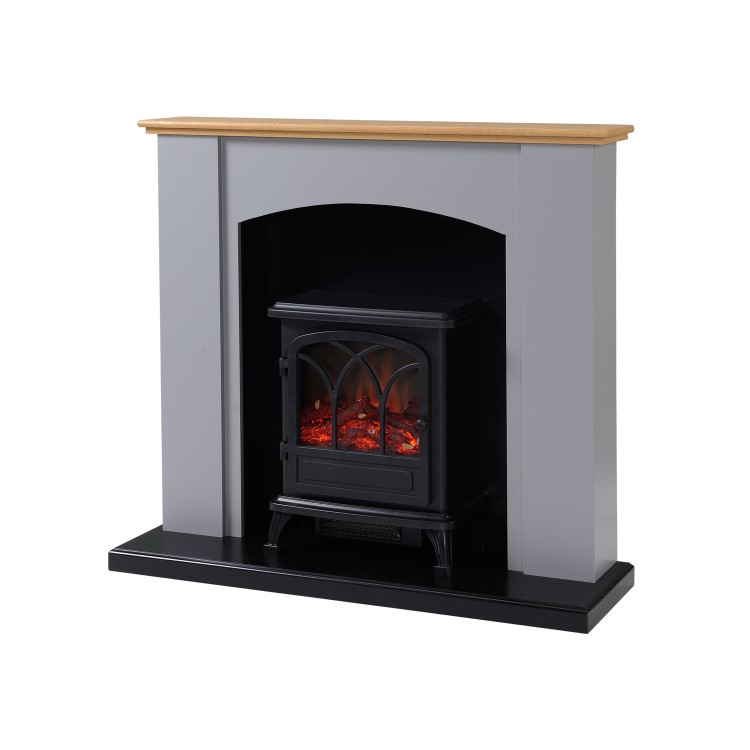 GRADE A3 - Grey and Wood Two Tone Freestanding Electric Fireplace Suite with Black Stove - Amberglo